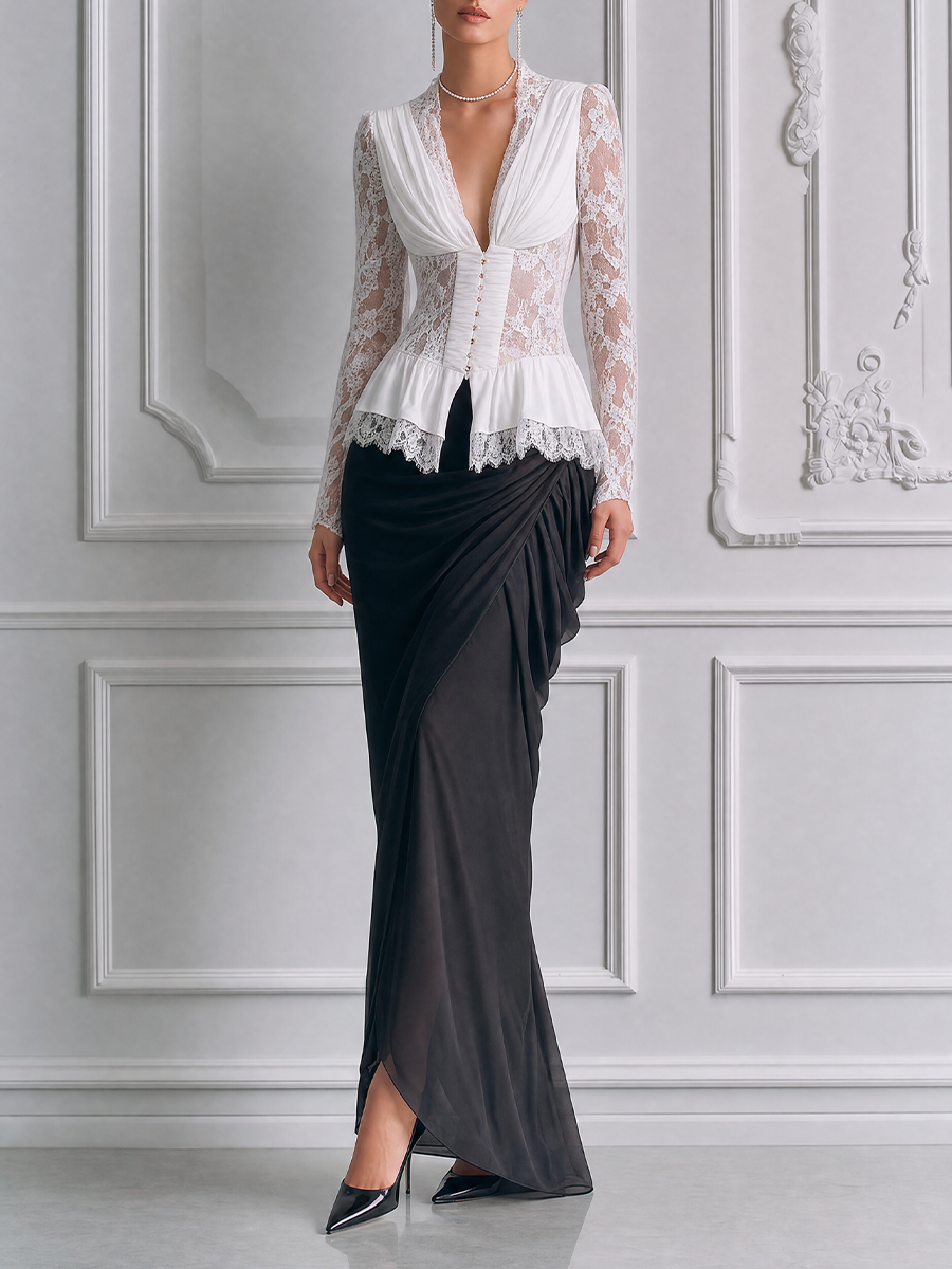 White Lace Peplum Top & Black Draped Maxi Skirt Set