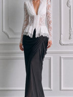 White Lace Peplum Top & Black Draped Maxi Skirt Set