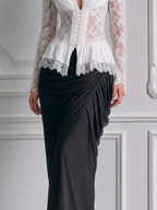 White Lace Peplum Top & Black Draped Maxi Skirt Set