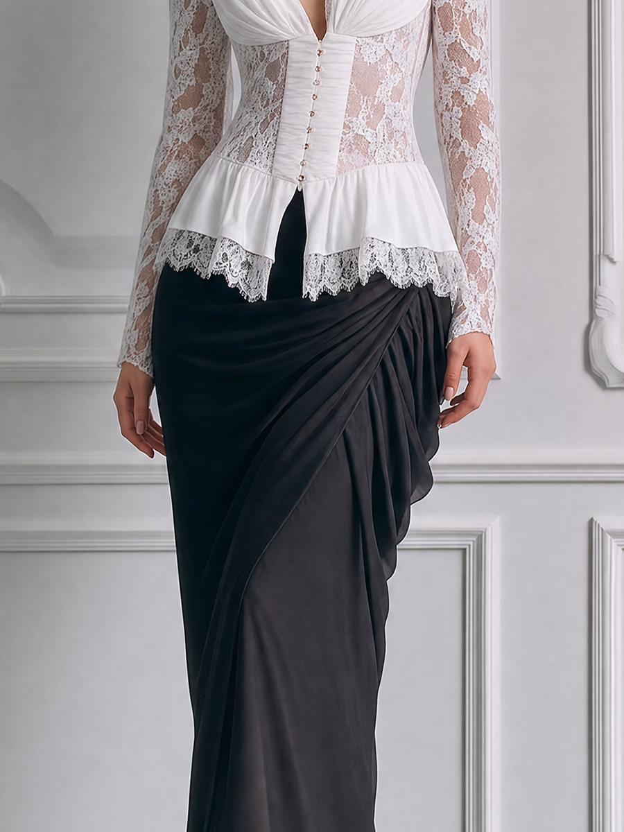 White Lace Peplum Top & Black Draped Maxi Skirt Set