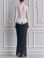 White Lace Peplum Top & Black Draped Maxi Skirt Set