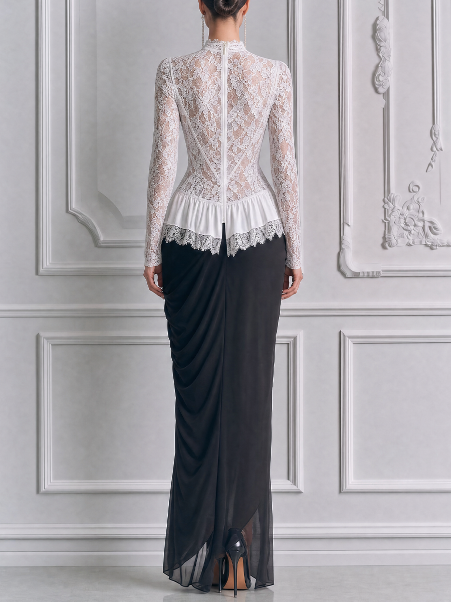 White Lace Peplum Top & Black Draped Maxi Skirt Set