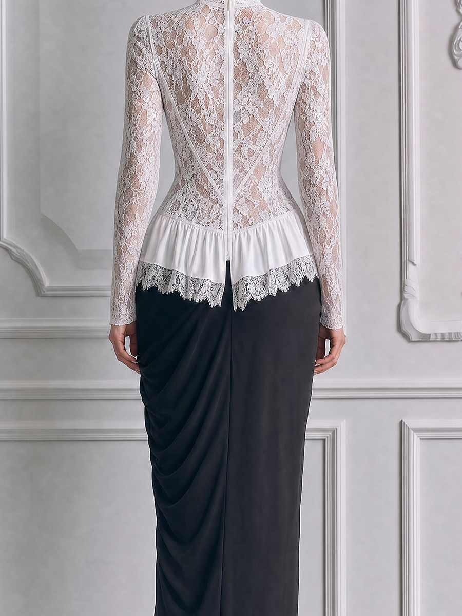 White Lace Peplum Top & Black Draped Maxi Skirt Set