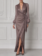 Taupe Lace Dress Fall Wedding Guest Dress Wrap Front Maxi Dress