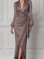 Taupe Lace Dress Fall Wedding Guest Dress Wrap Front Maxi Dress