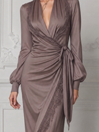 Taupe Lace Dress Fall Wedding Guest Dress Wrap Front Maxi Dress