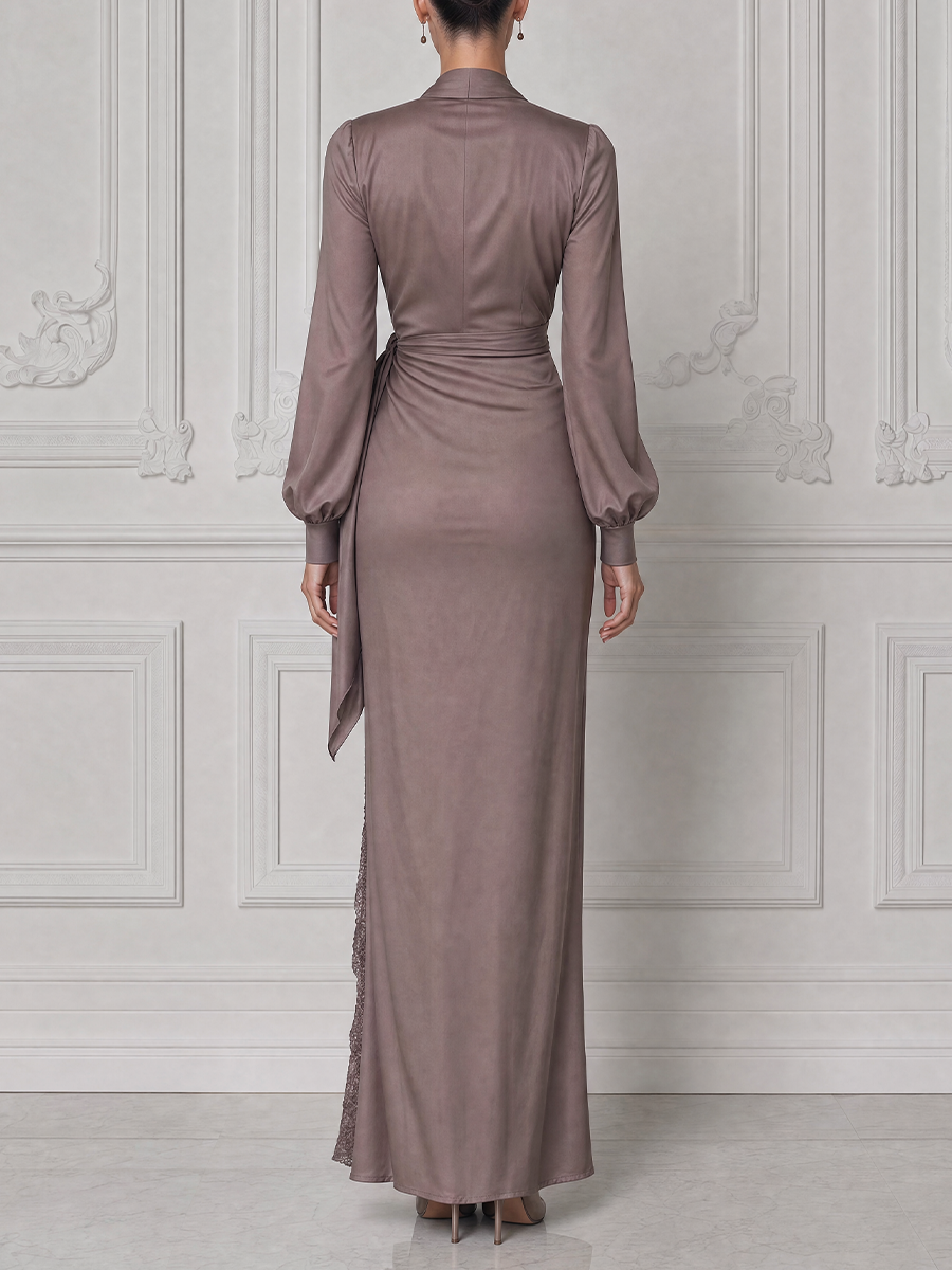 Taupe Lace Dress Fall Wedding Guest Dress Wrap Front Maxi Dress