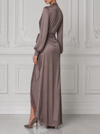 Taupe Lace Dress Fall Wedding Guest Dress Wrap Front Maxi Dress