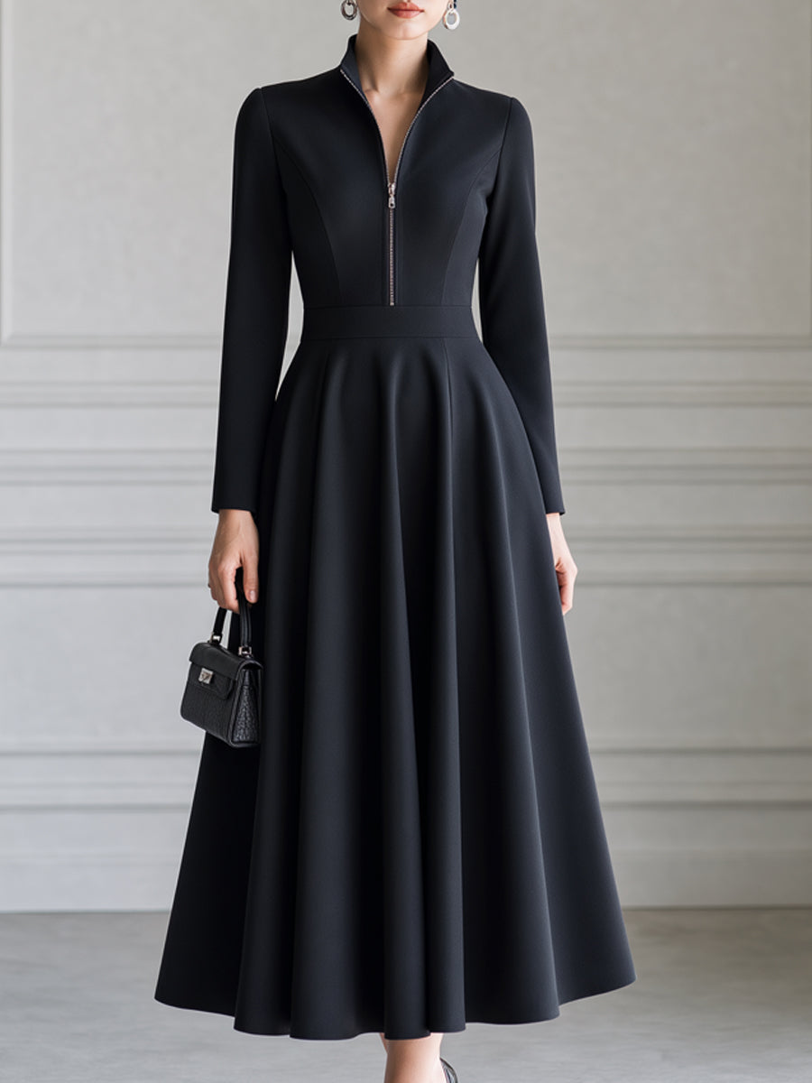 Elegant Stand Collar Zip-Front Fit-and-Flare Midi Dress