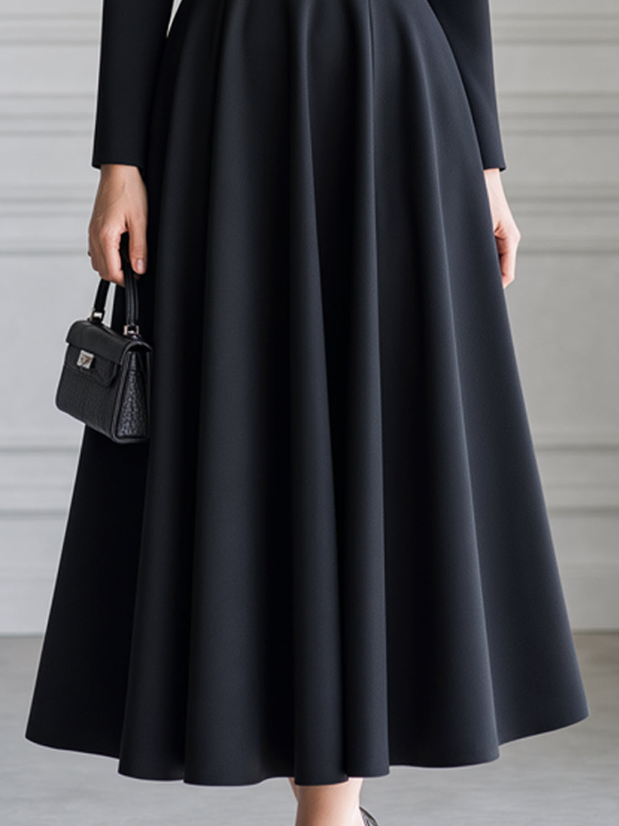Elegant Stand Collar Zip-Front Fit-and-Flare Midi Dress