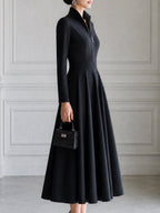 Elegant Stand Collar Zip-Front Fit-and-Flare Midi Dress