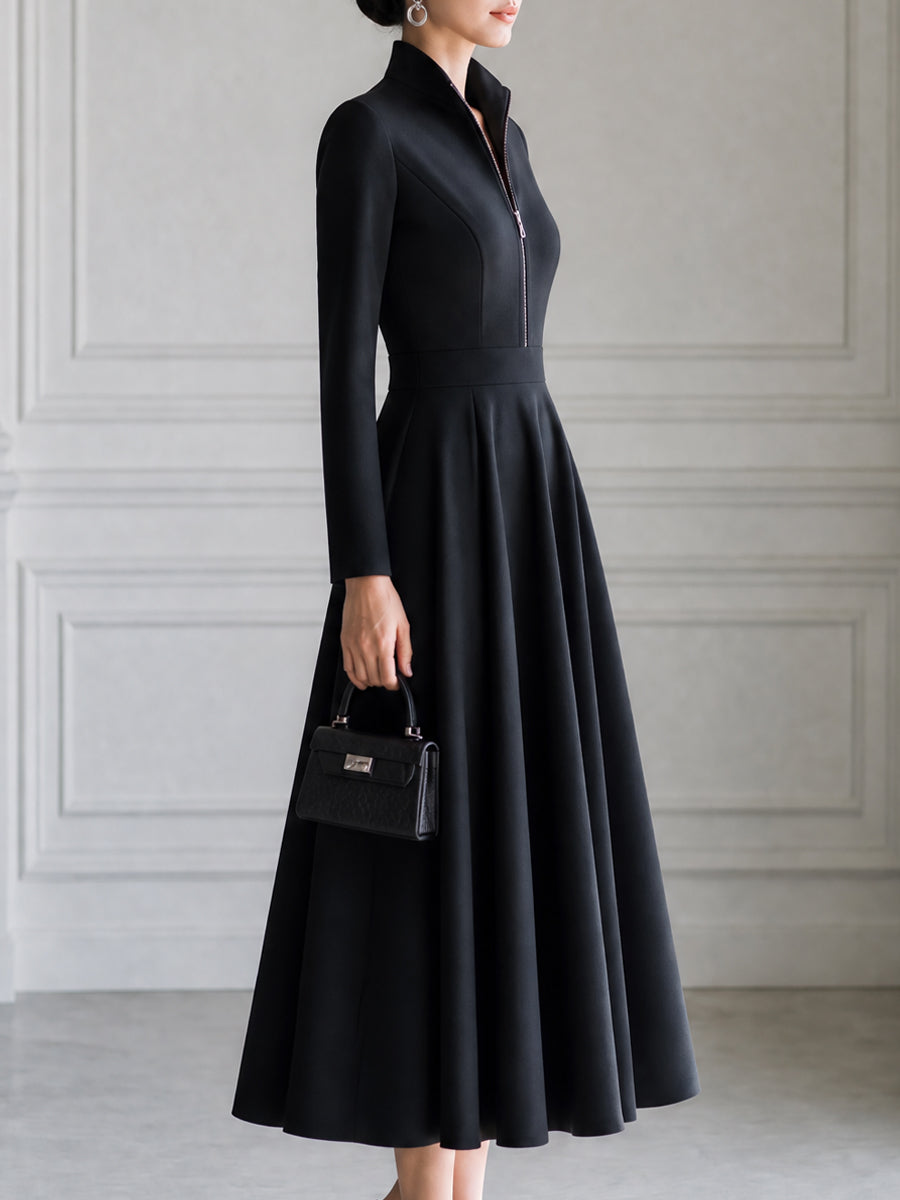 Elegant Stand Collar Zip-Front Fit-and-Flare Midi Dress