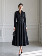 Elegant Stand Collar Zip-Front Fit-and-Flare Midi Dress