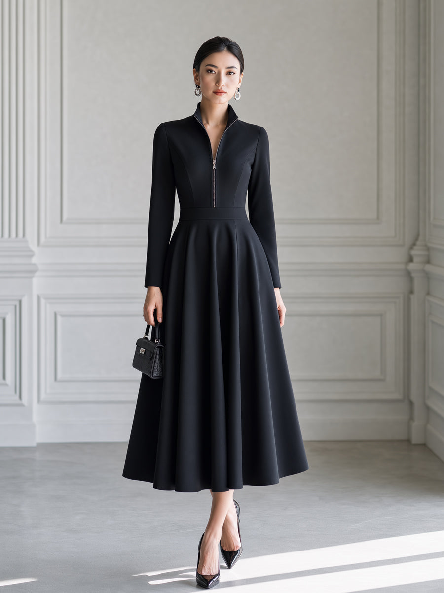 Elegant Stand Collar Zip-Front Fit-and-Flare Midi Dress