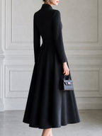 Elegant Stand Collar Zip-Front Fit-and-Flare Midi Dress