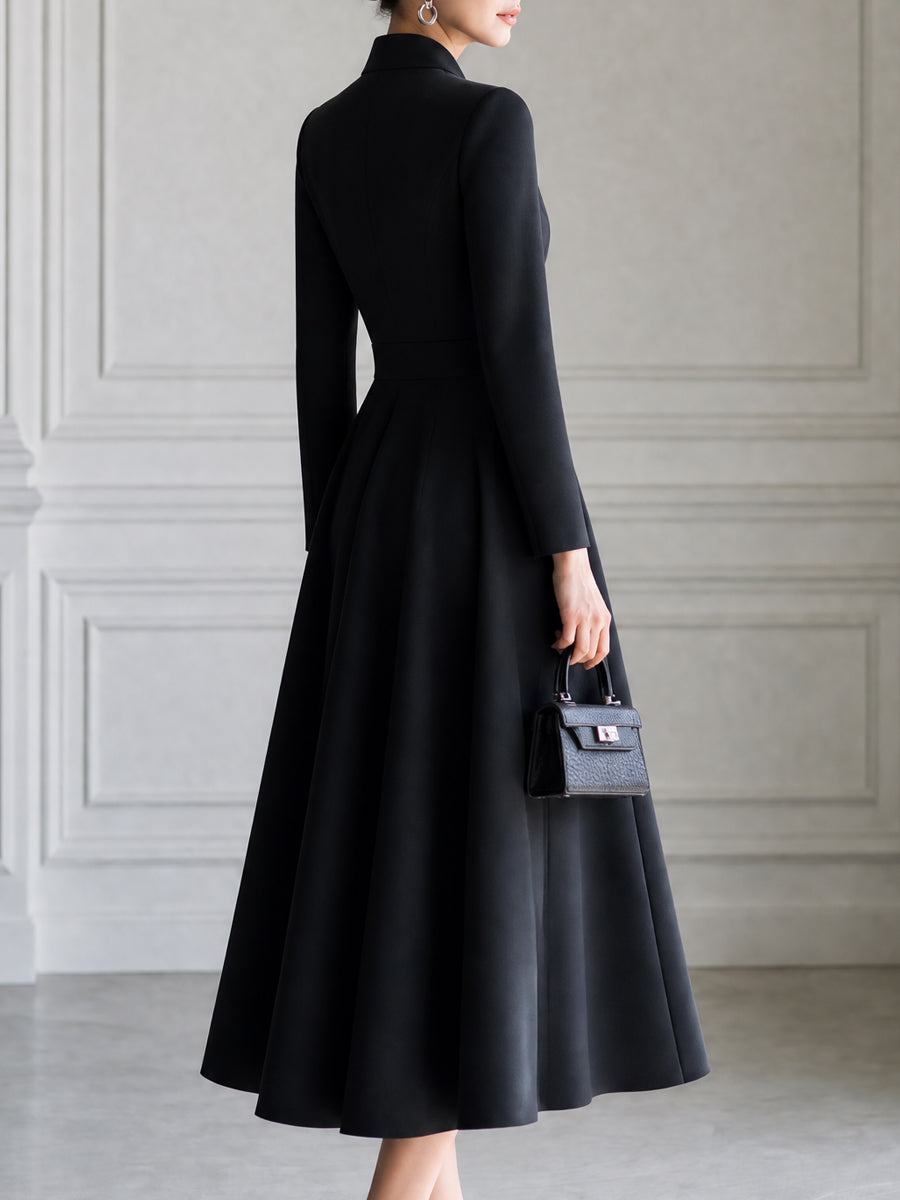 Elegant Stand Collar Zip-Front Fit-and-Flare Midi Dress