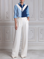 Blue White Colorblock Shirt & Wide Leg Pants Set