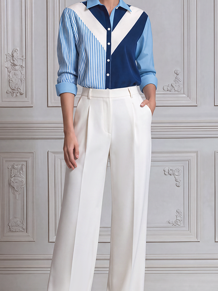 Blue White Colorblock Shirt & Wide Leg Pants Set