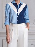 Blue White Colorblock Shirt & Wide Leg Pants Set