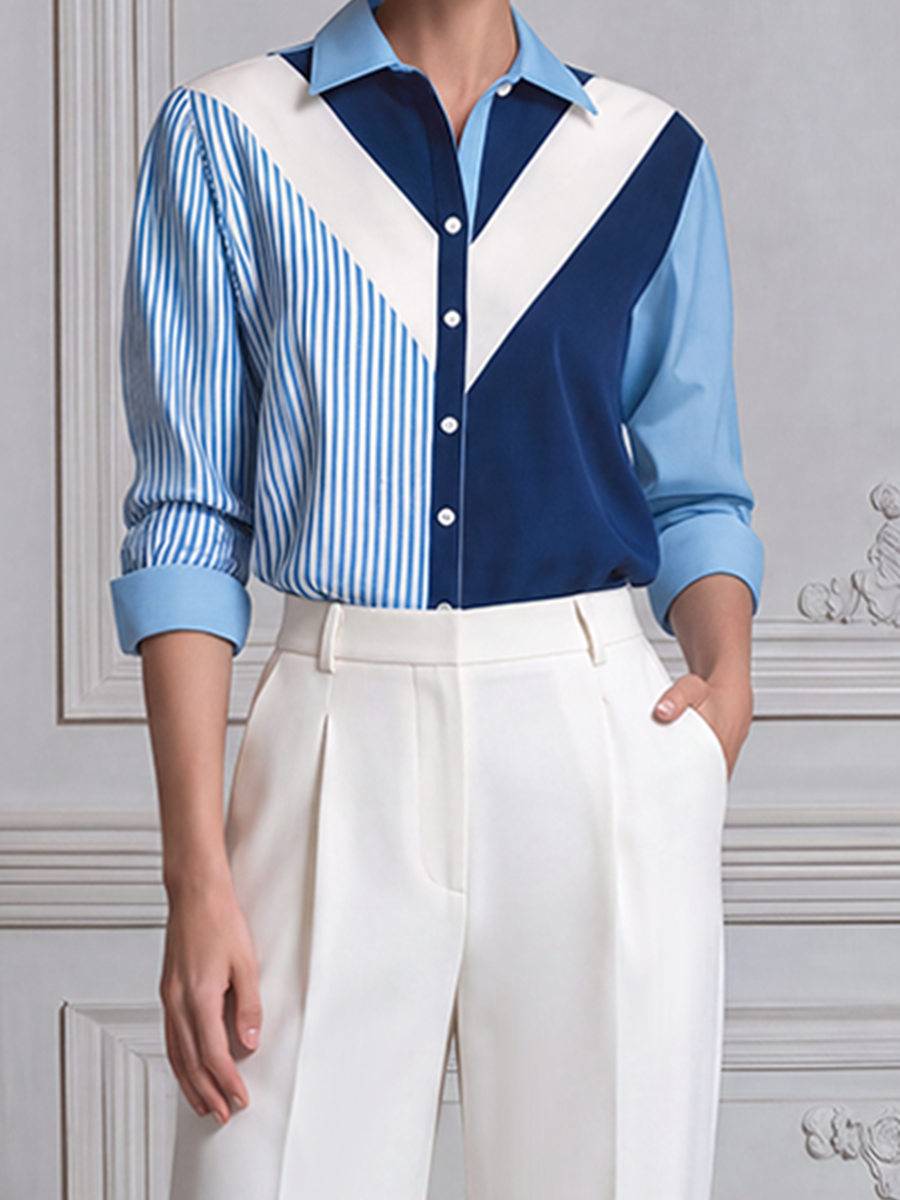 Blue White Colorblock Shirt & Wide Leg Pants Set