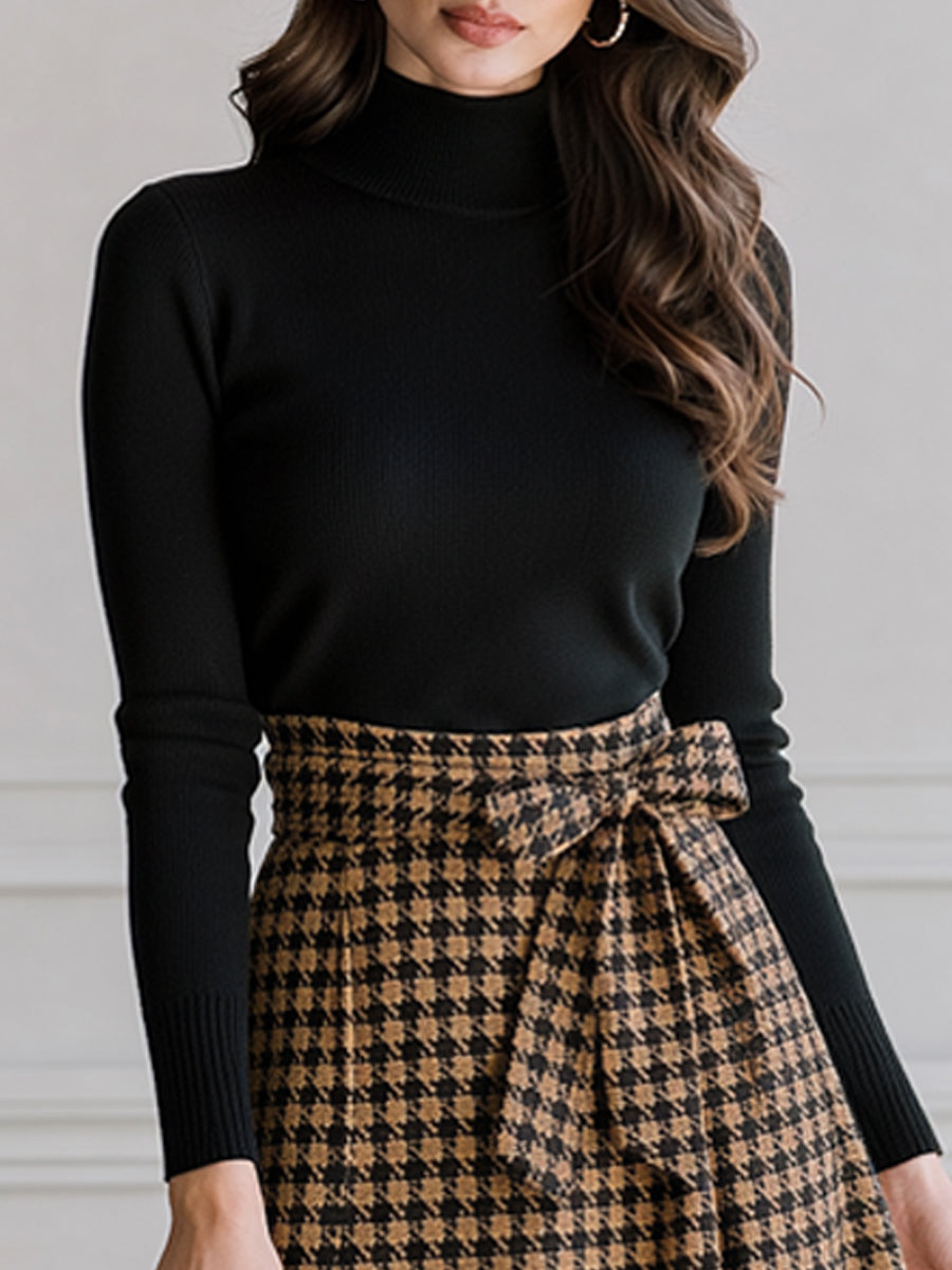 Turtleneck Knit Top & Houndstooth Belted Midi Skirt Set