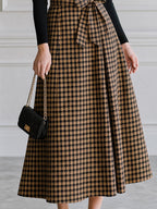 Turtleneck Knit Top & Houndstooth Belted Midi Skirt Set