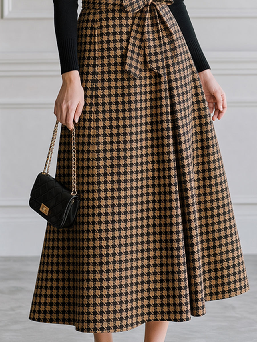 Turtleneck Knit Top & Houndstooth Belted Midi Skirt Set