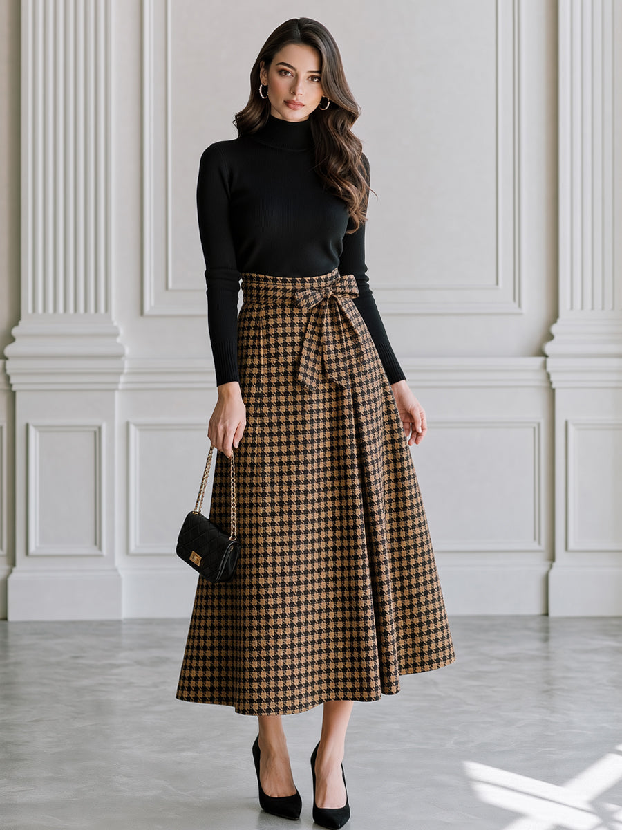 Turtleneck Knit Top & Houndstooth Belted Midi Skirt Set