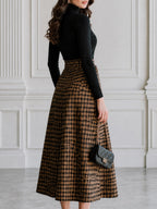 Turtleneck Knit Top & Houndstooth Belted Midi Skirt Set