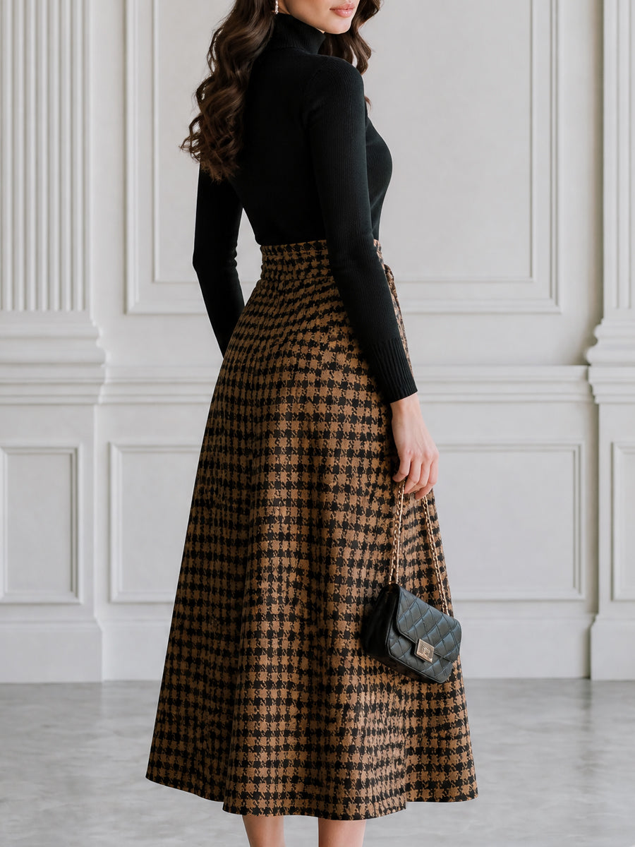 Turtleneck Knit Top & Houndstooth Belted Midi Skirt Set