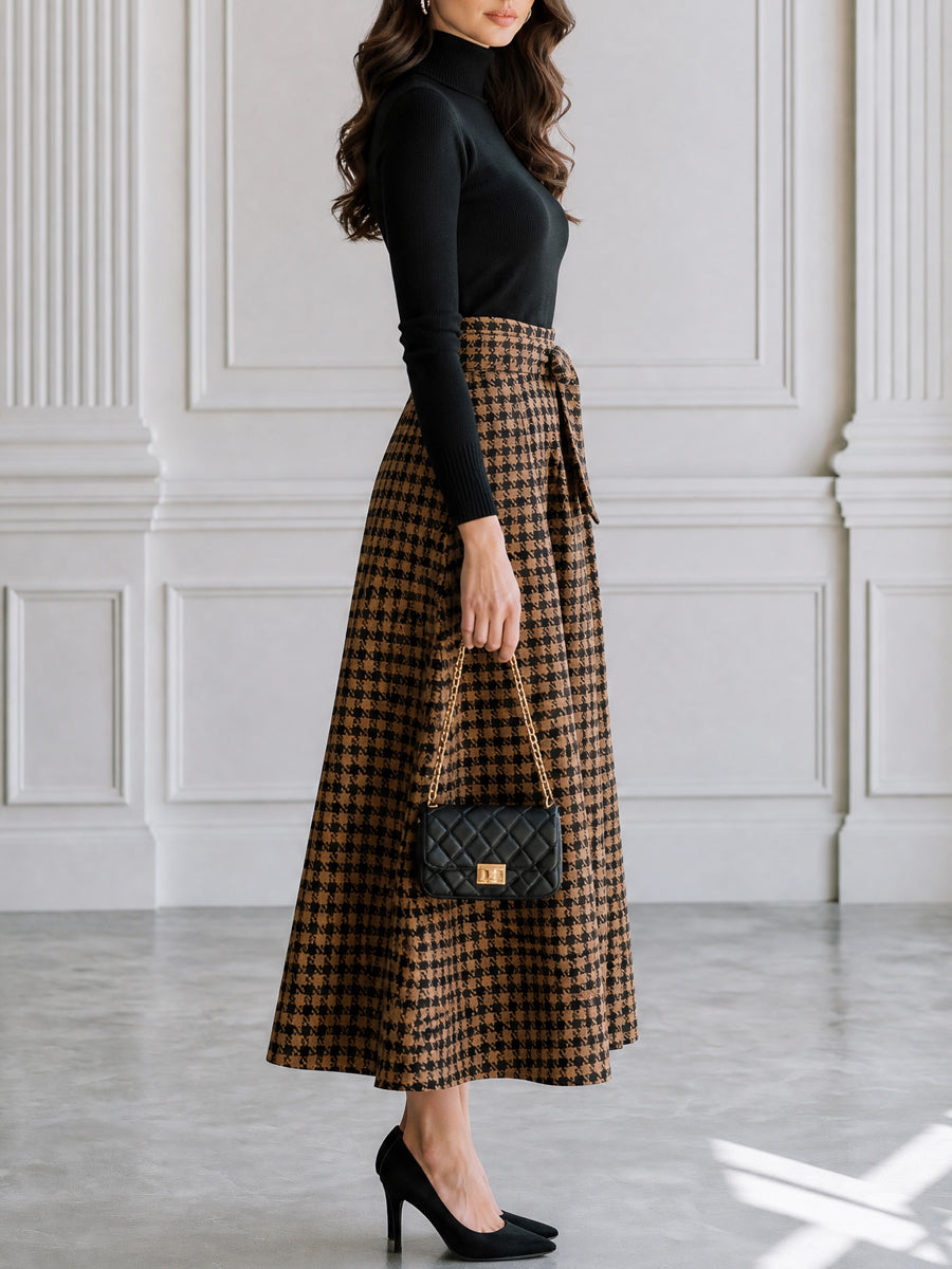 Turtleneck Knit Top & Houndstooth Belted Midi Skirt Set