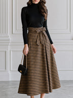 Turtleneck Knit Top & Houndstooth Belted Midi Skirt Set