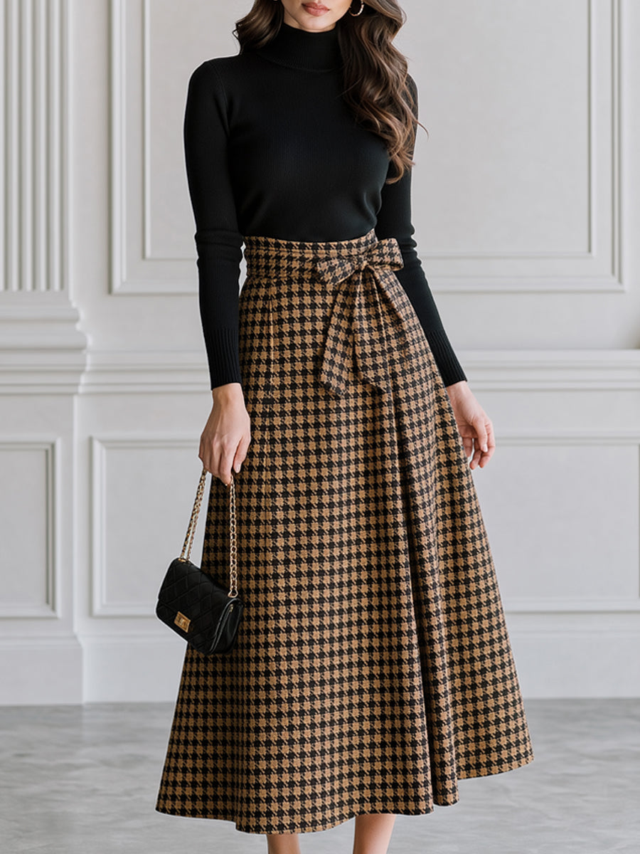 Turtleneck Knit Top & Houndstooth Belted Midi Skirt Set