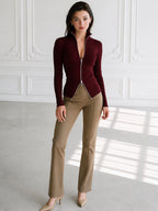 Ribbed Knit Zip-Up Stand Collar Slim Fit Long Sleeve Top