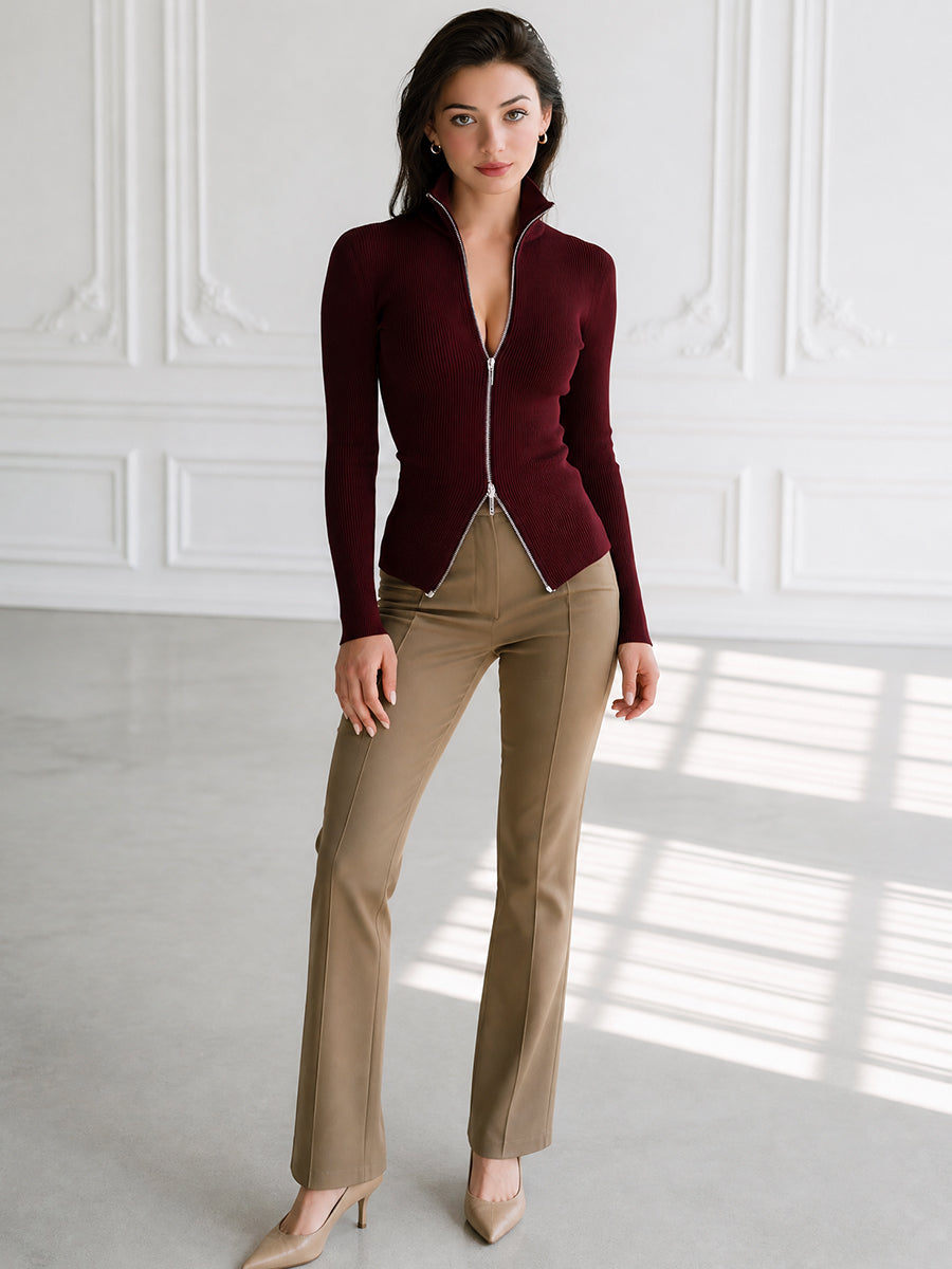 Ribbed Knit Zip-Up Stand Collar Slim Fit Long Sleeve Top