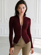 Ribbed Knit Zip-Up Stand Collar Slim Fit Long Sleeve Top