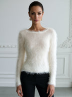 Fluffy Fuzzy Knit Sweater Long Sleeve Round Neck Pullover
