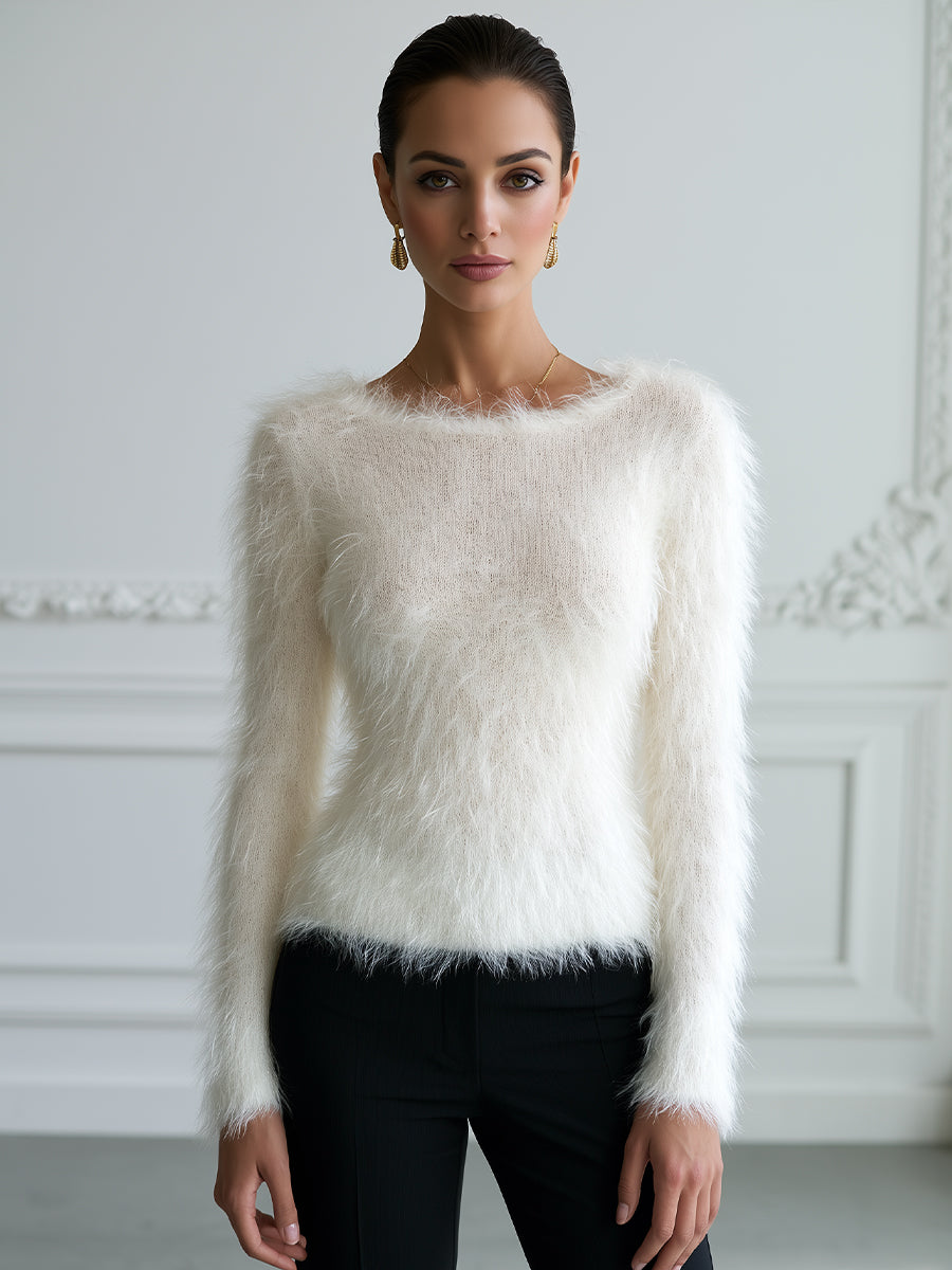 Fluffy Fuzzy Knit Sweater Long Sleeve Round Neck Pullover