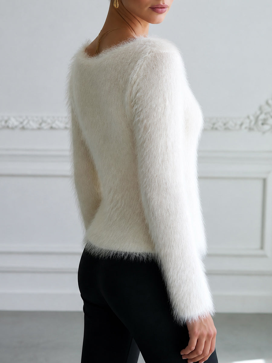 Fluffy Fuzzy Knit Sweater Long Sleeve Round Neck Pullover