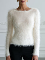 Fluffy Fuzzy Knit Sweater Long Sleeve Round Neck Pullover