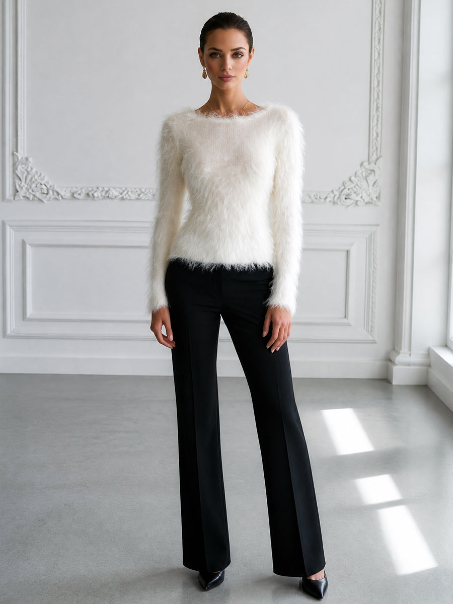 Fluffy Fuzzy Knit Sweater Long Sleeve Round Neck Pullover