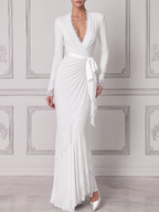 White Dress Lace Trim Wrap Tie Waist Mermaid Maxi Dress