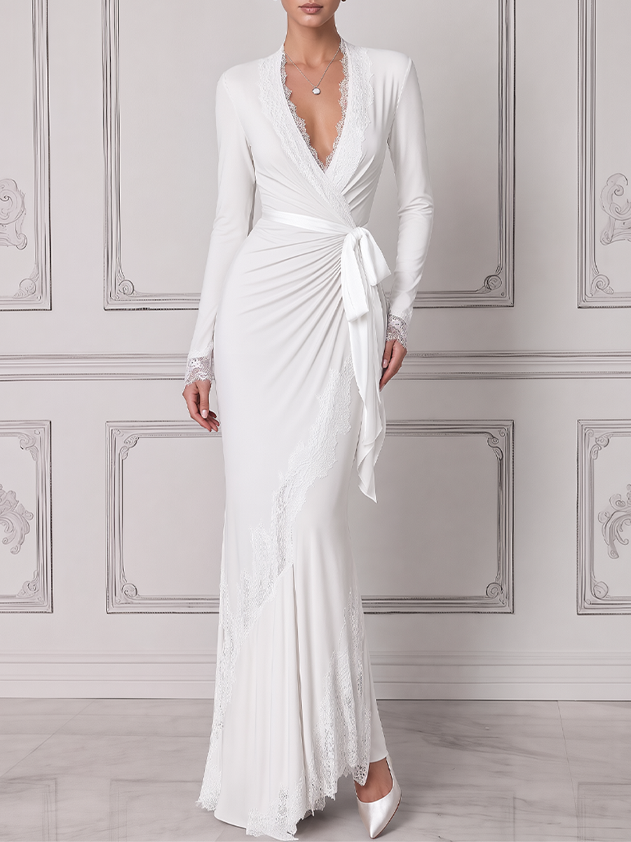 White Dress Lace Trim Wrap Tie Waist Mermaid Maxi Dress