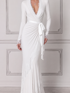 White Dress Lace Trim Wrap Tie Waist Mermaid Maxi Dress