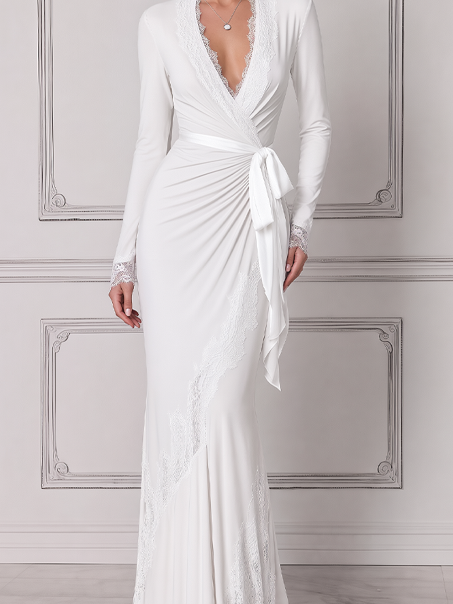 White Dress Lace Trim Wrap Tie Waist Mermaid Maxi Dress