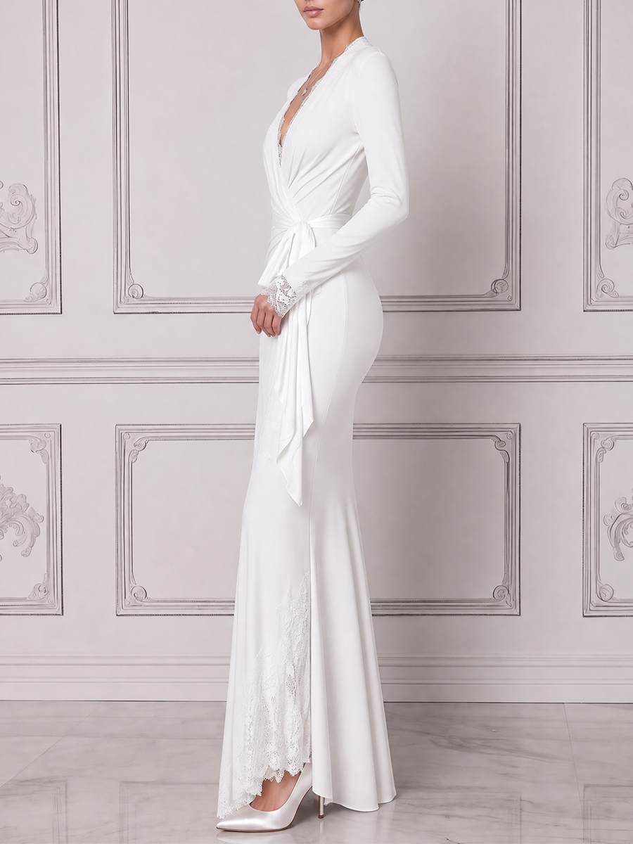 White Dress Lace Trim Wrap Tie Waist Mermaid Maxi Dress