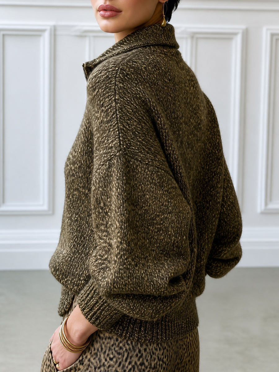 Quarter-Zip Chunky Knit Sweater With Collar