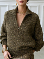 Quarter-Zip Chunky Knit Sweater With Collar