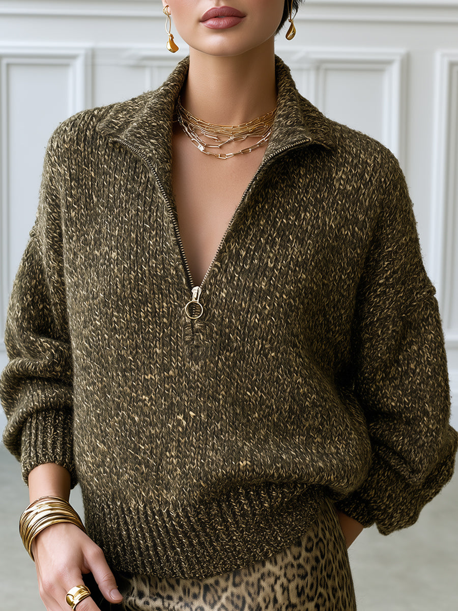 Quarter-Zip Chunky Knit Sweater With Collar
