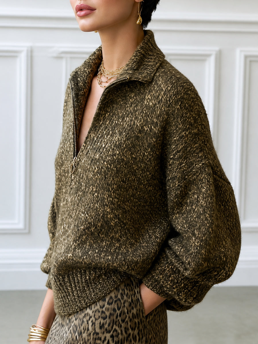 Quarter-Zip Chunky Knit Sweater With Collar